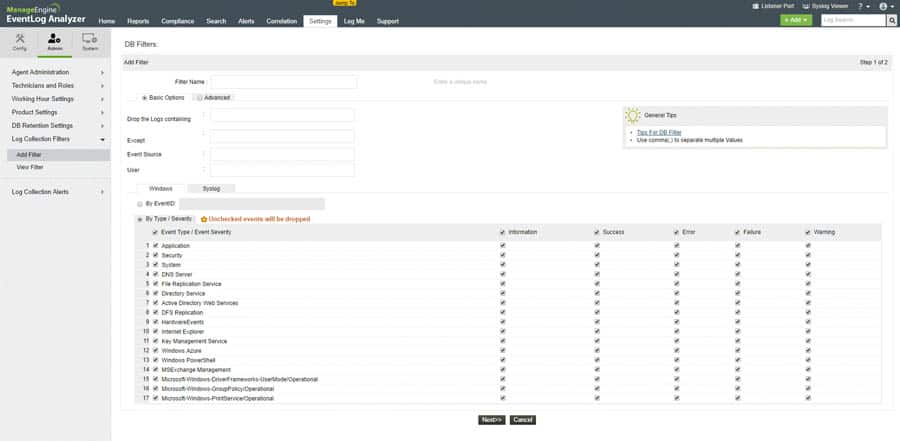 log filters by server and service