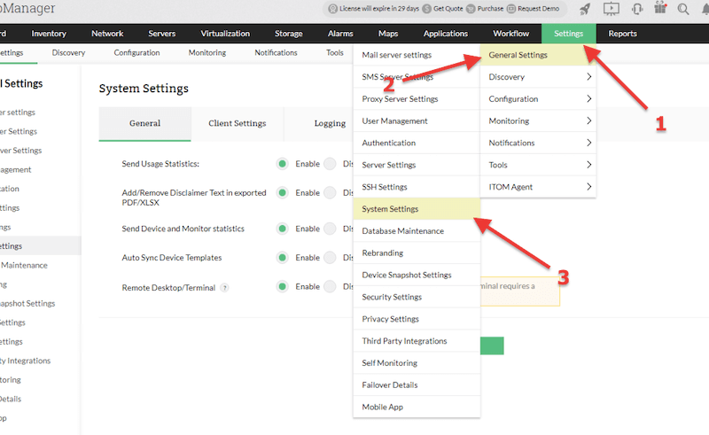 OpManager Changing general settings