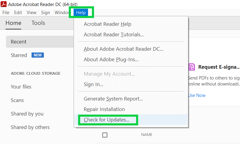 Adobe Acrobat Reader DC, Help, Check for Updates