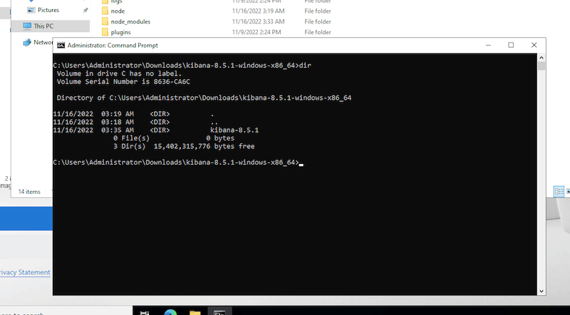Open the command prompt with the administrator’s privilege and change the directory to kibana-8.5.1--windows-x86_64