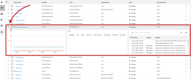 ScienceLogic SL1 Devices Page, ping, traceroute, port scan, and the records or logs of the specific device