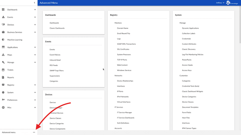 ScienceLogic SL1 UI themes Advanced Menu