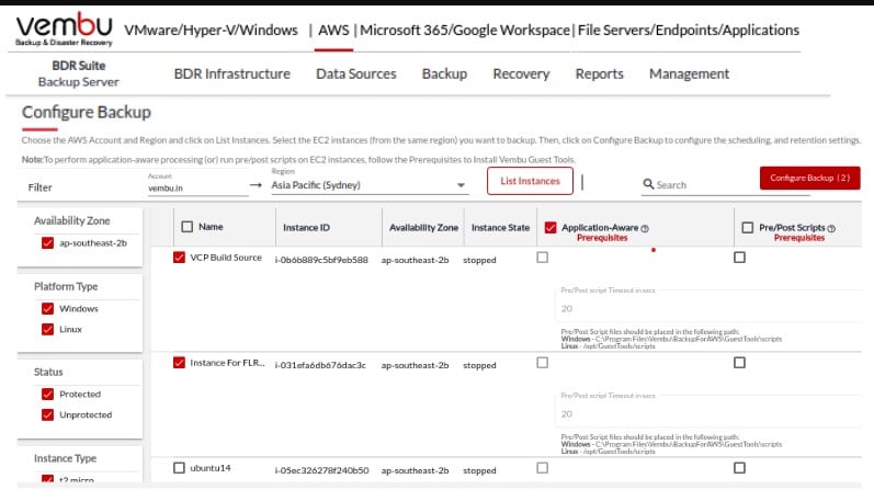 Vembu BDS Suite AWS EC2 