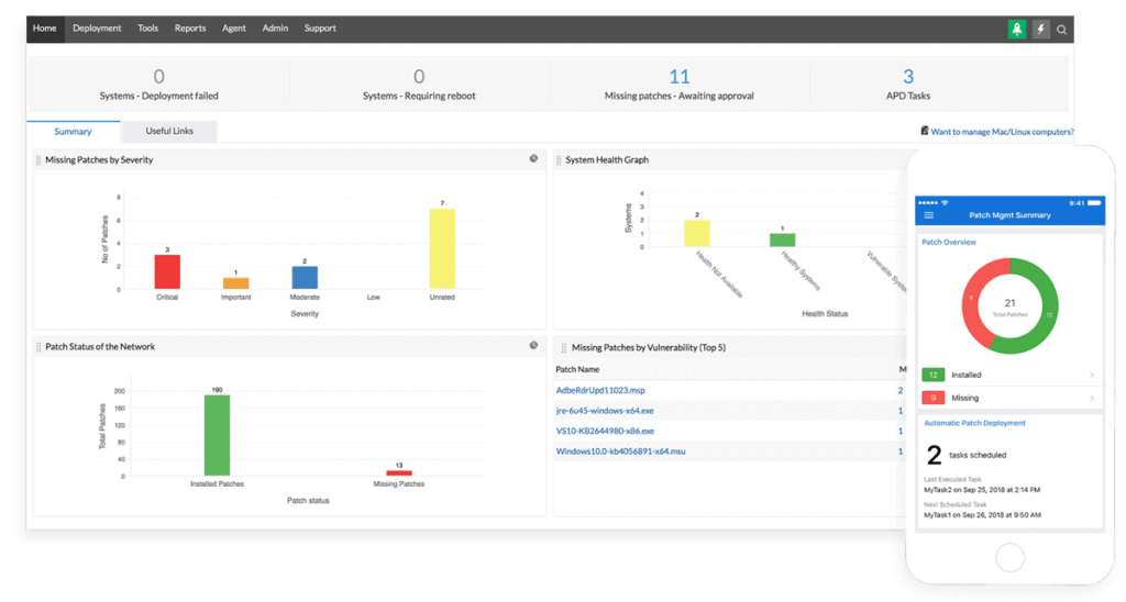 MangeEngine Patch Manager Plus - home dashboard