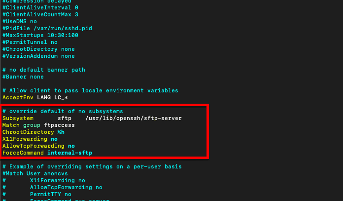 Adding lines below “Subsystem sftp /usr/lib/openssh/sftp-server”