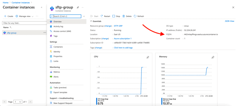 Container instances, find and copy the related FQDN screenshot