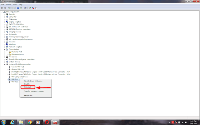Right-click on the USB port to uninstall the driver