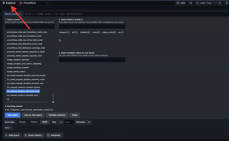 Grafana explore option that shows all metrics