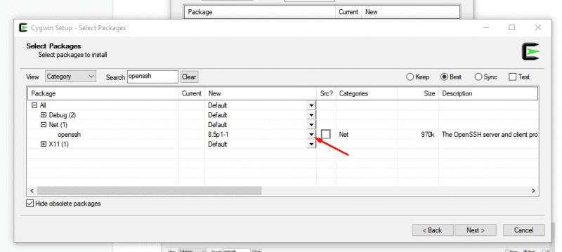 Search for OpenSSH and select the Net package of the OpenSSH application