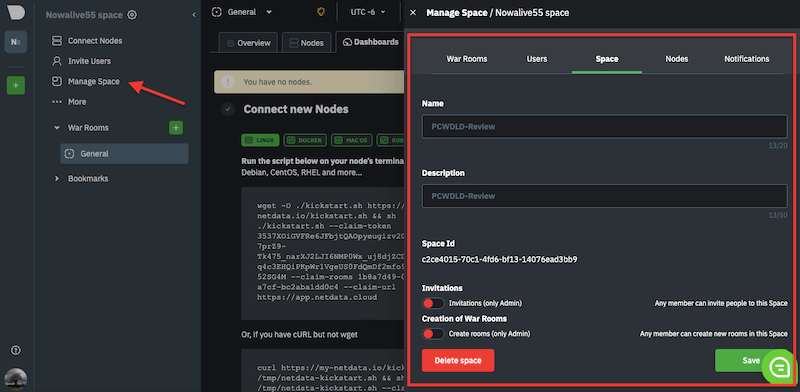 Netdata Manage Space sub-menu