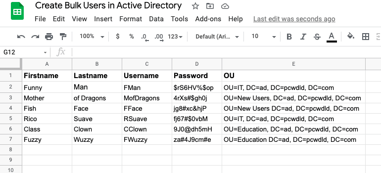 Google sheets spreadsheet