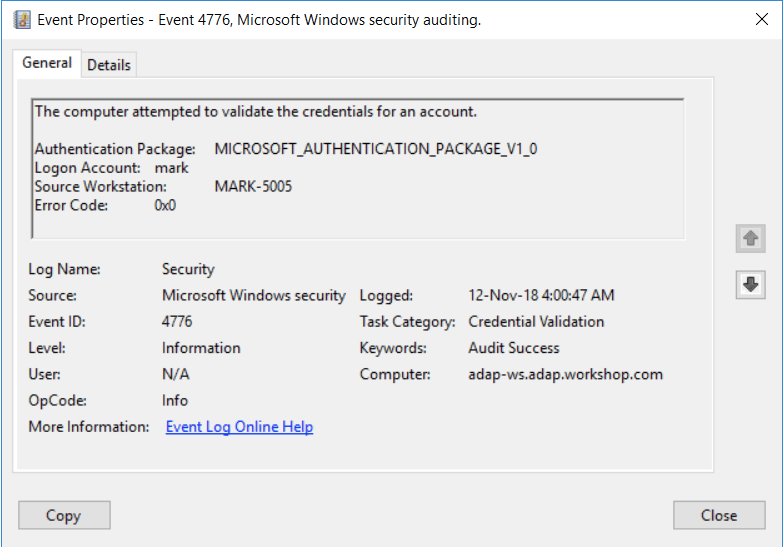 Event Properties - Event 4776, Microsoft Windows security auditing