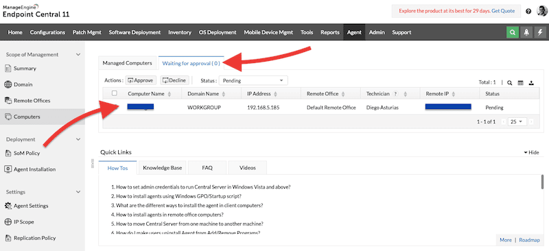 Approving the agent installation on ManageEngine Endpoint Central