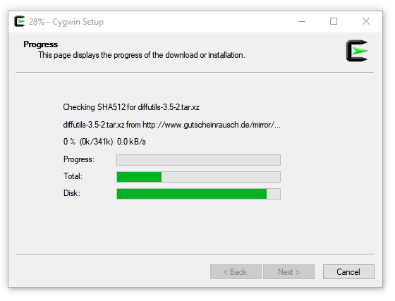 Cygwin Setup progress of the download or installation screen 