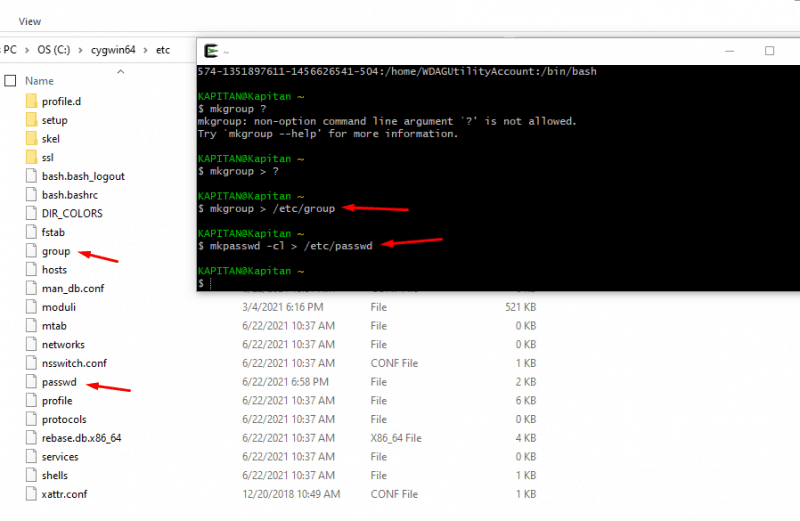 mkgroup and mkpasswd utilities into the cygwin terminal 