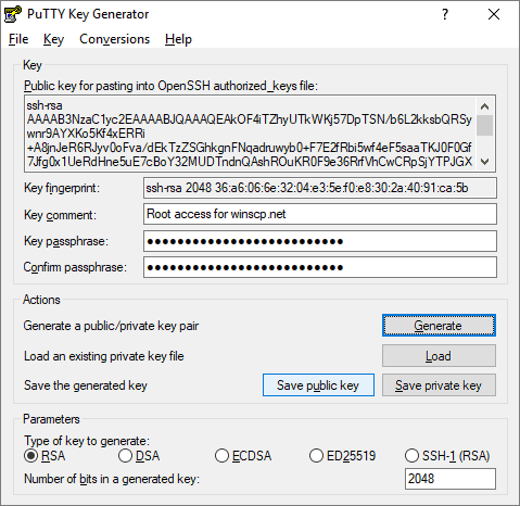 PuTTY Key Geneator - creation of a new set of keys