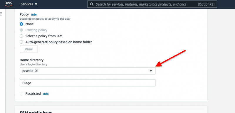 Name, policy, role, and selection of your S3 bucket as Home Directory. Provide the SSH public key. 