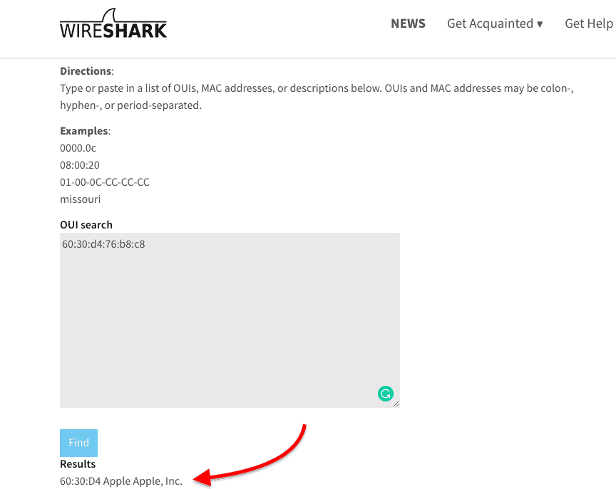 Using Wireshark OUI Lookup